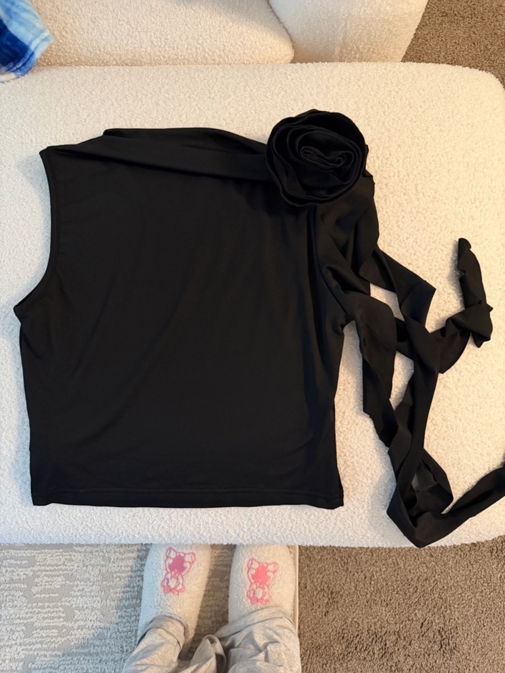 SHEIN Black Tank with Floral Rosette and Long Draped Ties